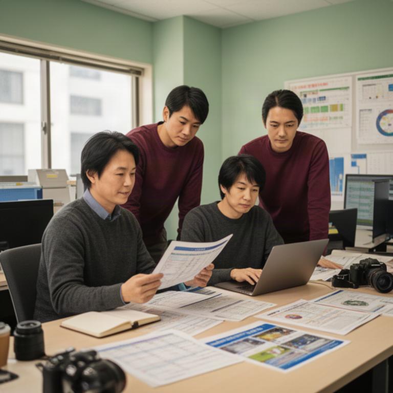 神戸市西区の編集スペースで試合記録を確認しながら記事を準備するスポーツ取材チーム