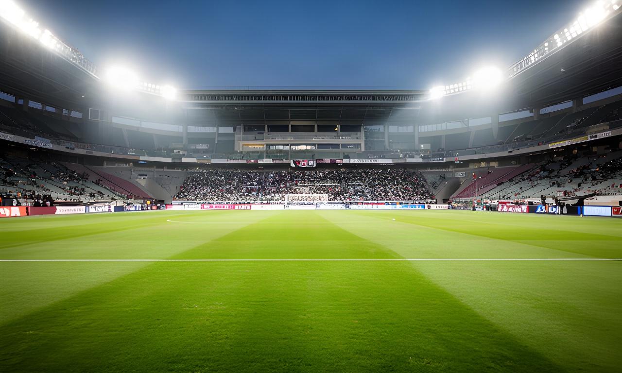 神戸のスタジアムで照明に照らされた芝生のピッチと試合前の観客席