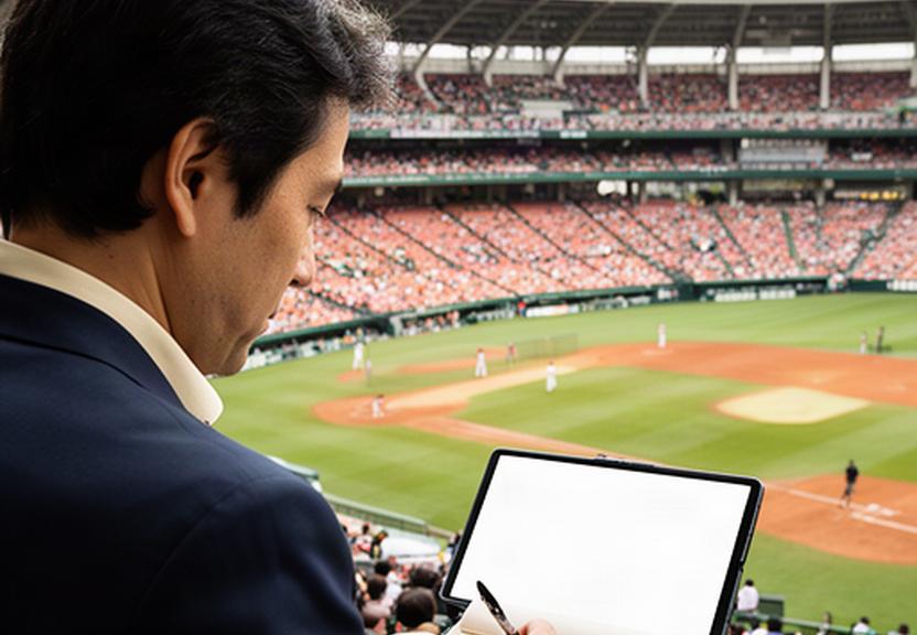甲子園球場のスタンドとグラウンドを見渡しながら試合取材を行う記者