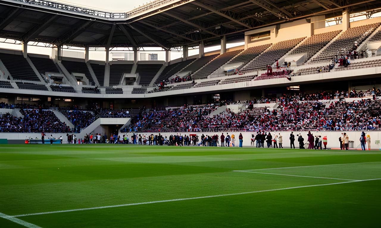 試合開始前の神戸のサッカースタジアム、芝生のピッチと観客席に集まり始めたサポーター